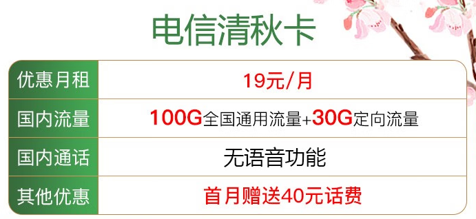 5G清秋卡19元130G國內(nèi)流量 純流量卡 贈送40元話費 當(dāng)月有效