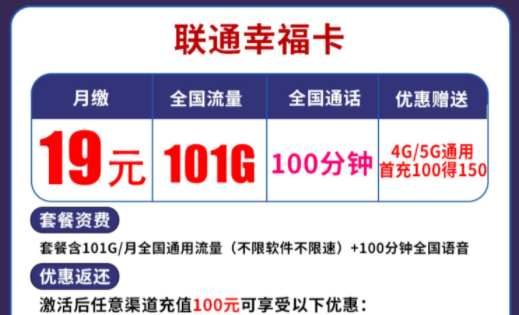 一款流量多月租低的流量卡套餐有沒有？【聯(lián)通幸福卡】月租低至19元101G全國通用流量享超值優(yōu)惠