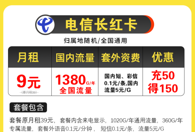 電信超值優(yōu)惠套餐有哪些？電信長(zhǎng)紅卡，月租9元包含125G全國(guó)流量/月不限速手機(jī)上網(wǎng)卡