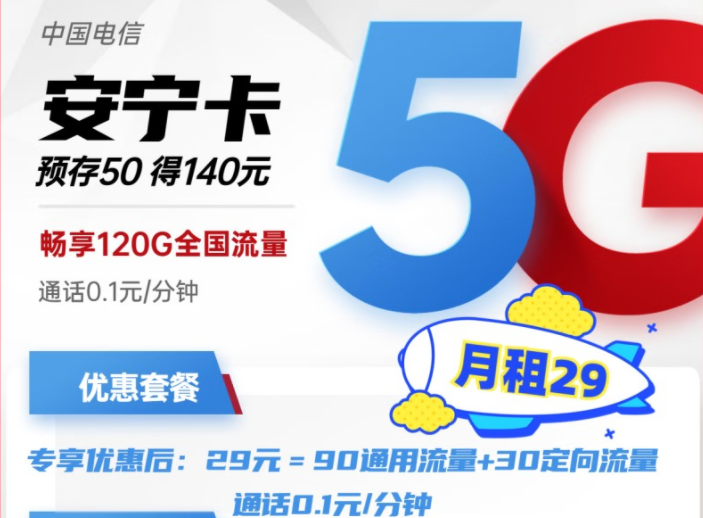 電信安寧卡29元月租包含90G通用+30G定向流量 預(yù)存50得140，更多好卡等你發(fā)現(xiàn)