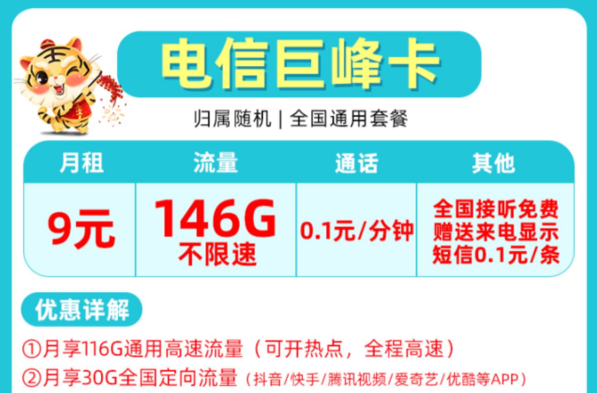 非常受歡迎的流量卡套餐有哪些？電信巨峰卡9元包含146G全國來了不限速+首月免費(fèi)