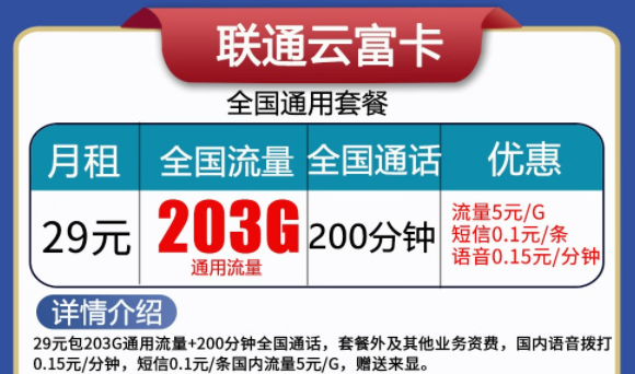 聯(lián)通云富卡29元203G流量+200分語音、天啟卡9元100G流量|純通用流量卡|無合約不虛量