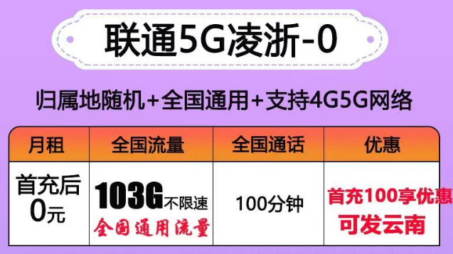聯(lián)通有沒有0元的流量卡套餐？聯(lián)通5G凌浙卡0元享103G通用+100分語音|5G浙伏卡、風(fēng)雪卡