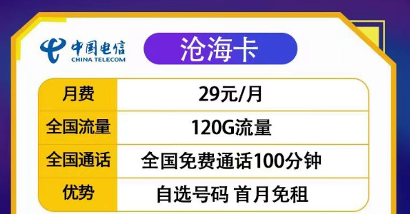 29元滄?？?20G流量+100分20年長(zhǎng)期套餐|29元豐登卡100G+首月免費(fèi)