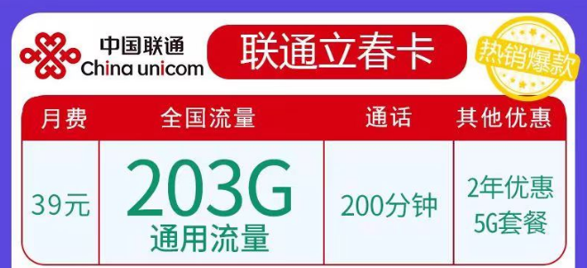 聯(lián)通春雨、立春卡純通用流量卡|29元103G、39元203G任選|5G優(yōu)惠套餐
