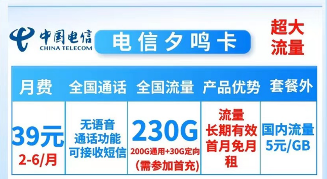 就沒有流量多的電信純流量卡了嗎？當(dāng)然有！電信夕鳴卡39元230G大流量|19元順和卡165G流量
