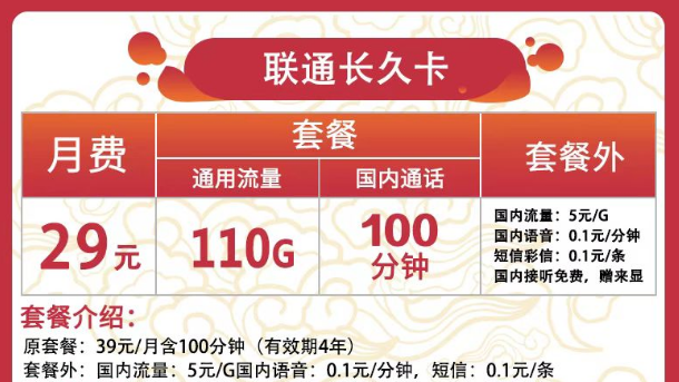 聯(lián)通有哪些實(shí)惠又好用的流量卡？聯(lián)通長(zhǎng)久卡29元110G通用+100分鐘語(yǔ)音|可用于副卡