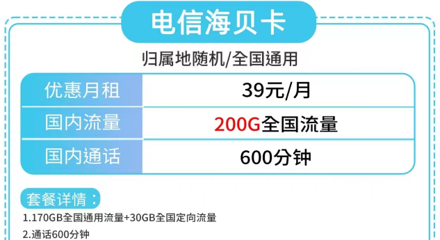 電信海貝卡、電信草莓卡|大流量200G、180G|更多優(yōu)惠套餐包郵到家