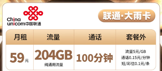 聯(lián)通大雨卡|204G純通用無(wú)定向、聯(lián)通云周卡|100G通用免費(fèi)領(lǐng)??！